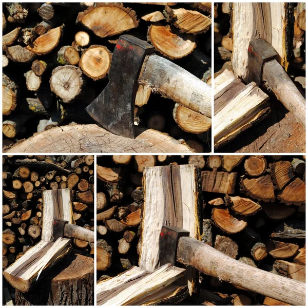 Vier Ansichten einer Eisenaxt, die Holzstämme hackt — Stockfoto