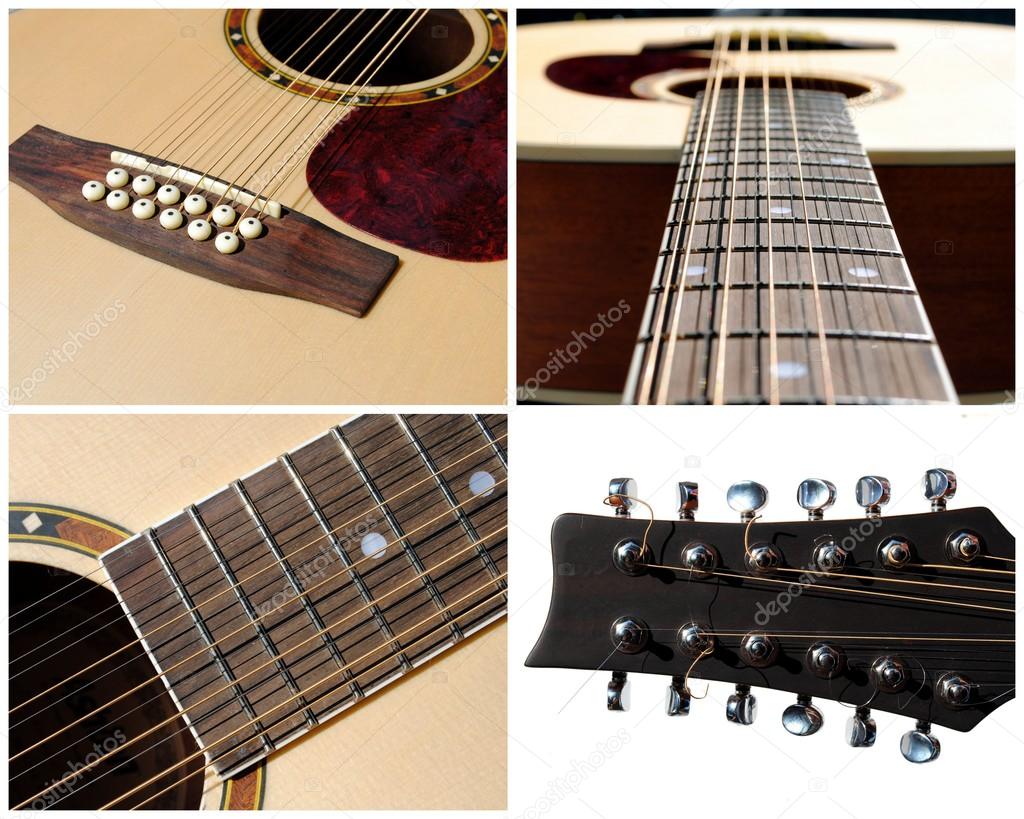 Set of four view of an acoustic twelve strings guitar