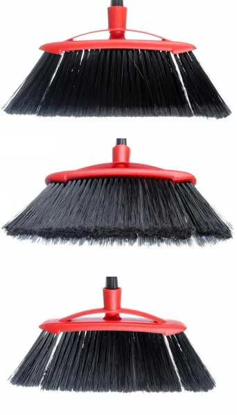 Three views of a black broom isolated on white background — Stock Photo, Image