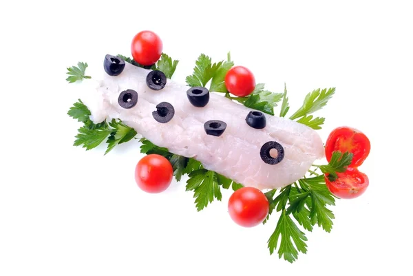 Cod steak with tomatoes olives and parsley isolated — Stock Photo, Image