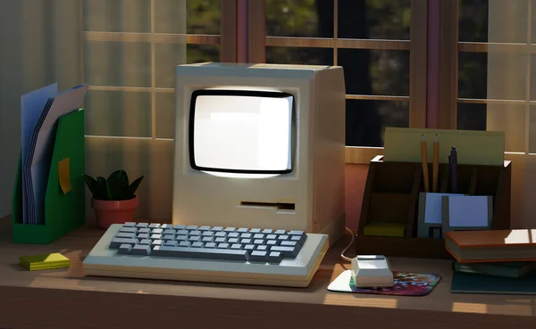 3d illustration. An old-fashioned, monitor, pc, computer with a keyboard, mouse and floppy disks, on a desktop in retro style. Retro media, 80s-90s entertainment. 3D rendering.