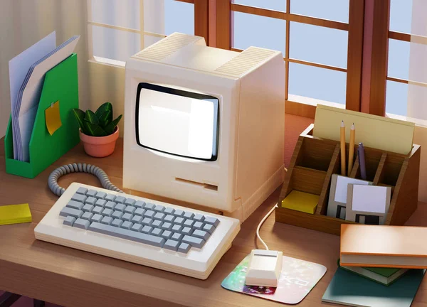 3D rendering. An old-fashioned, monitor, pc, computer with a keyboard, mouse and floppy disks, on a desktop in retro style. Retro media, 80s-90s entertainment. 3d illustration.