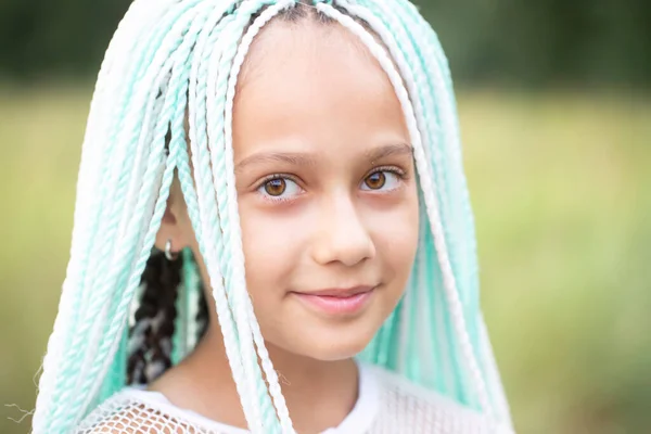Модная Маленькая Девочка Разноцветными Африканскими Косичками Смотрит Камеру Улыбается — стоковое фото