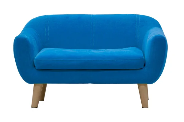 Blaues Sofa Auf Holzbeinen Auf Weißem Hintergrund — Stockfoto