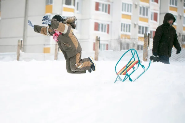 Little Boy Fell Sledding Snow Slide Child Winter Day — Stock Photo, Image