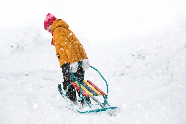 Little Boy Pulls Sled Snowy Mountain Child Winter Day Stock Photo