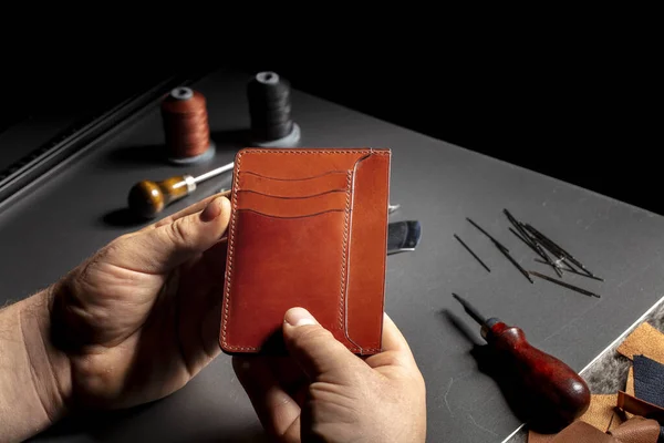 Process Making Leather Goods Hands Master Work Leather Product — Fotografia de Stock