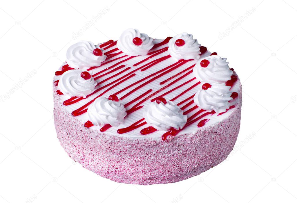On a white plate, a cake with pink cream and sprinkled with crumbs.