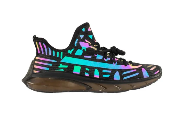 Sapatilhas Pretas Com Holograma Sobre Fundo Branco Sapatos Desportivos — Fotografia de Stock