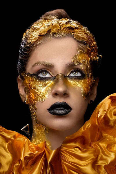 Fashion Art Golden Skin Model Girl Festive Golden Glamorous Shiny — Stock Photo, Image