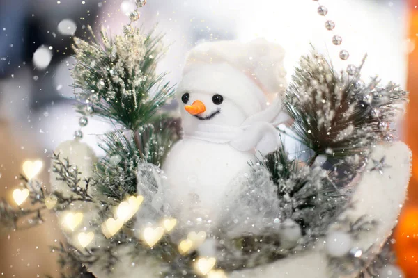 Funny Snowman Background Christmas Tree Branches Bokeh — Foto de Stock