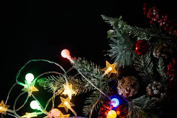 Christmas Background Lights Christmas Tree Branch Christmas Multicolored Lights Black — Stockfoto