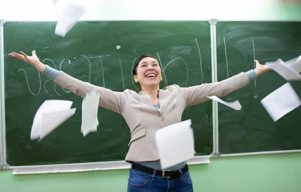 Happy Teacher Scatters Papers Holidays — Stock Photo, Image