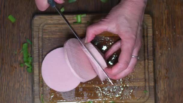 Woman Hand Wooden Board Cuts Sausage Knife Kitchen — Stockvideo