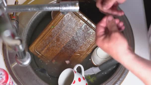 Dirty Dishes Poured Water — Stockvideo