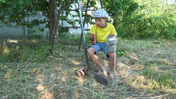 Boy Sitting Stairs Picking Cherries — 图库视频影像