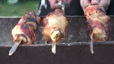 Bir şişte ızgara et parçalarını yakından çek. Lezzetli, sulu tavuk şişleri şişlerde pişirilir. Güneşli bir günde, açık havada barbekü. Izgaradan duman yükseliyor..