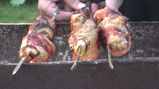 Großaufnahme Von Gegrillten Fleischstücken Auf Einem Spieß Leckere Saftige Hühnerspieße — Stockvideo