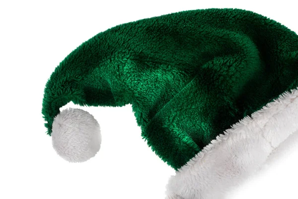 Beyaz Arka Planda Noel Şapkası Beyaz Ponponlu Yeşil Noel Baba — Stok fotoğraf
