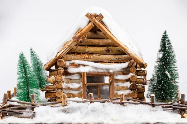 Miniature Wooden Wooden House Christmas Trees Snow — Photo