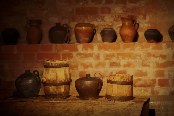 Vintage Crockery Wooden Barrels Old Cellar — Fotografia de Stock