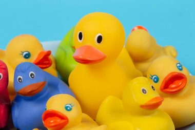 Mavi arka planda çok renkli plastik ördekler..