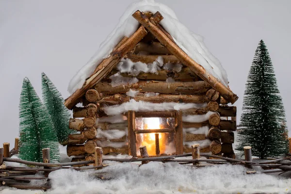 Miniature Wooden Wooden House Christmas Trees Snow — Photo