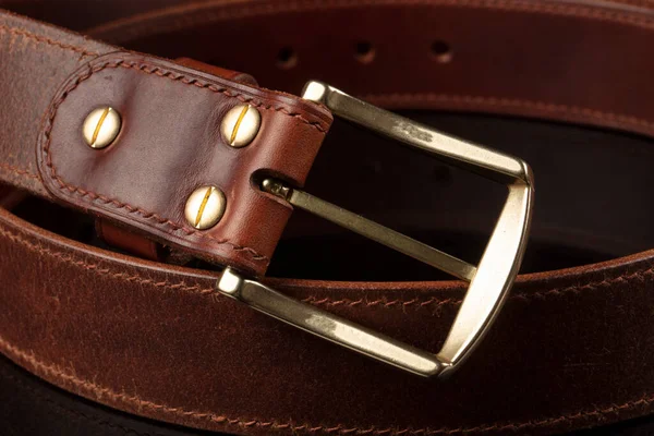 Part Leather Brown Belt Metal Buckle Black Background — Foto Stock