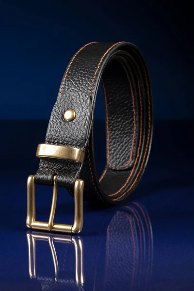 Black Leather Belt Dark Blue Background — 스톡 사진