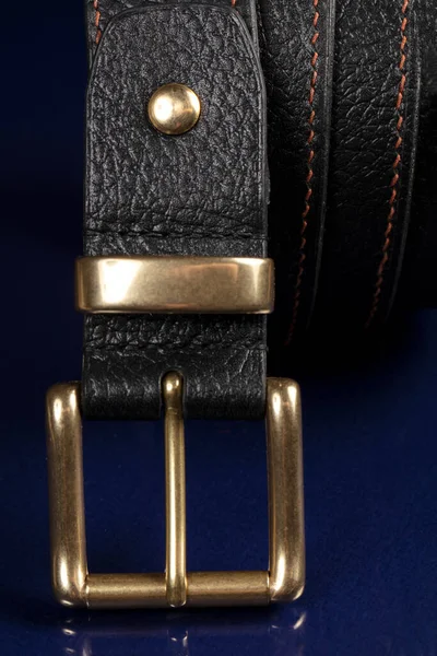 Black Leather Belt Dark Blue Background — 图库照片