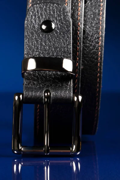 Black Leather Belt Dark Blue Background — Fotografia de Stock