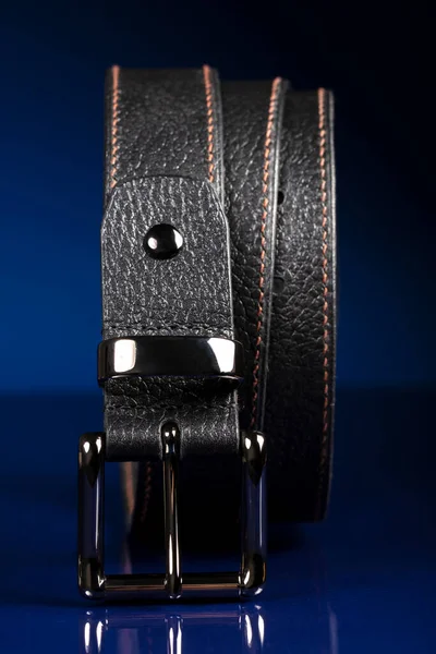 Black Leather Belt Dark Blue Background — стоковое фото