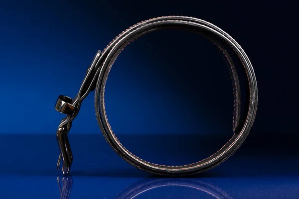 Black Leather Belt Dark Blue Background — Stock Fotó