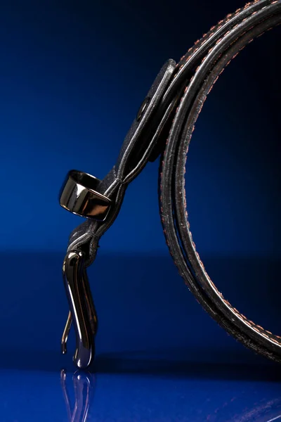 Black Leather Belt Dark Blue Background — Stockfoto
