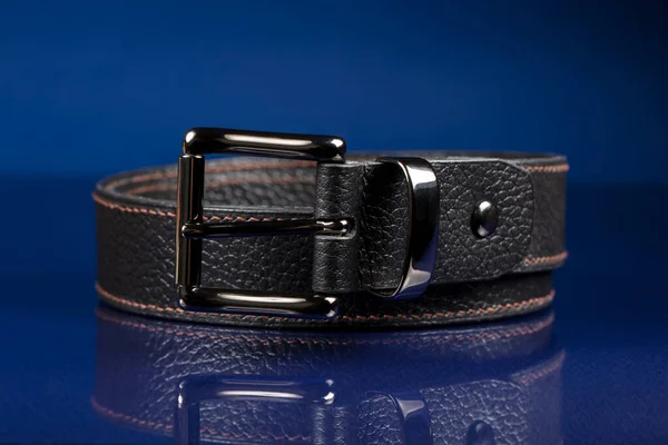 Black Leather Belt Dark Blue Background — 스톡 사진