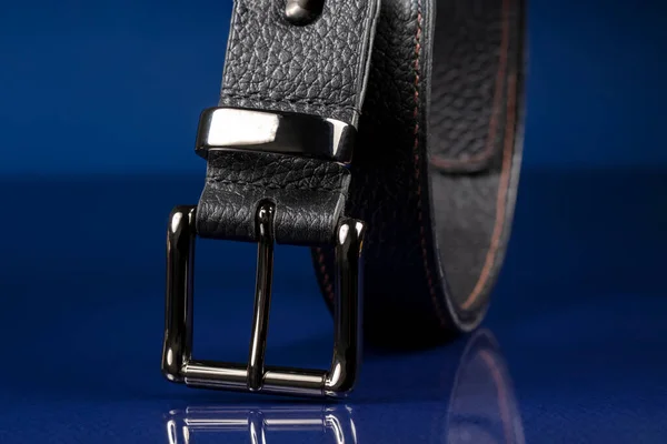 Black Leather Belt Dark Blue Background — 스톡 사진