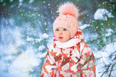 Beautiful little girl in winter clothes on the background of snowy nature. Child on a winter walk.