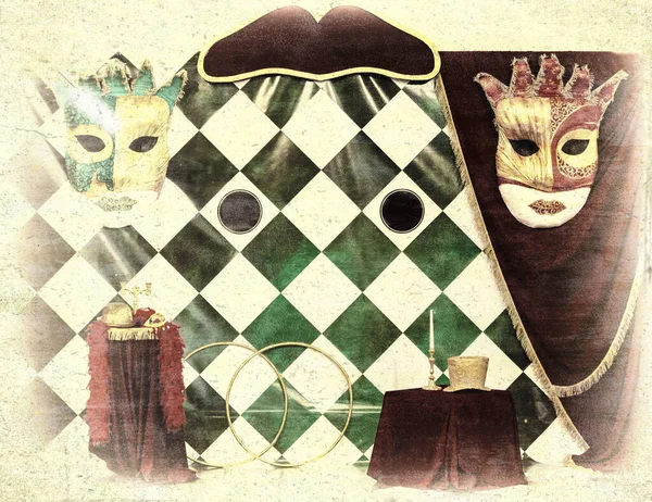 Faded retro circus background with various circus objects. Stage of the Circus Theater.