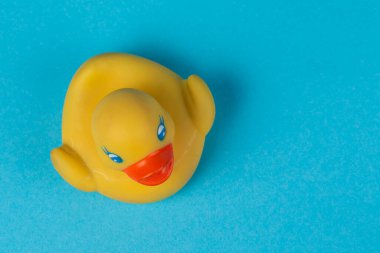Yellow rubber duck for swimming on a blue background.