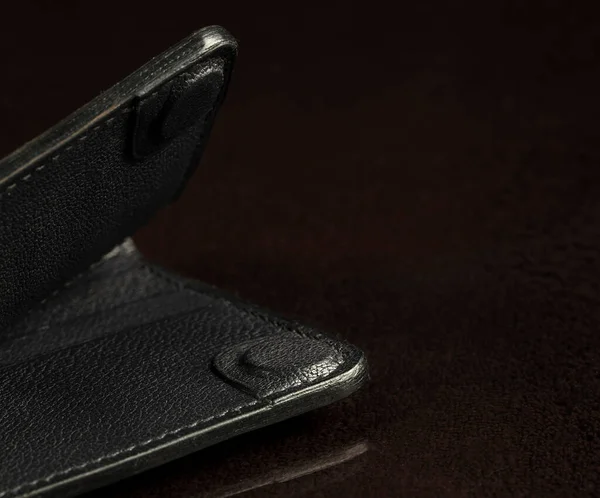 Part Black Leather Wallet Black Background — Foto Stock