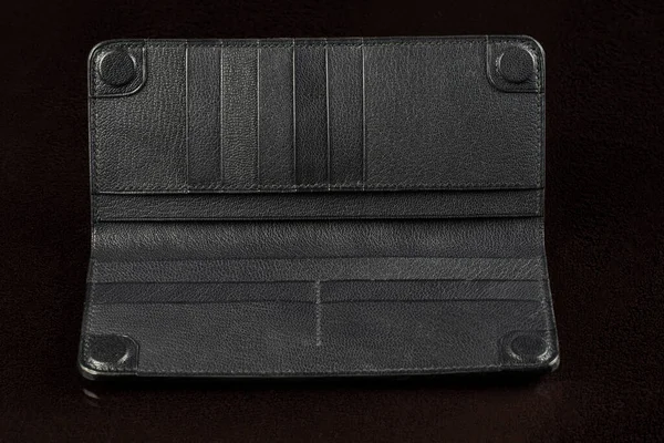 Black Leather Wallet Black Background — Stock Photo, Image