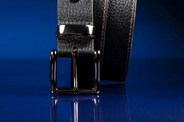 Black Leather Belt Dark Blue Background — ストック写真