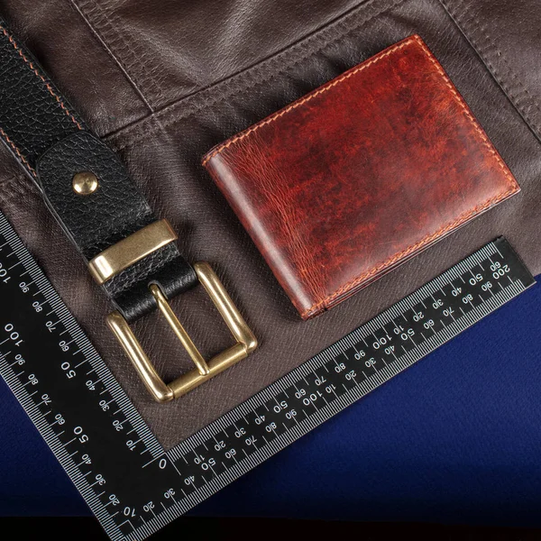 Leather Goods Purse Belt Background Ruler Cutting Sewing — Fotografia de Stock