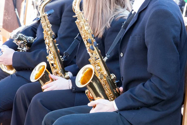 Saxophones Hands Musicians — Foto de Stock