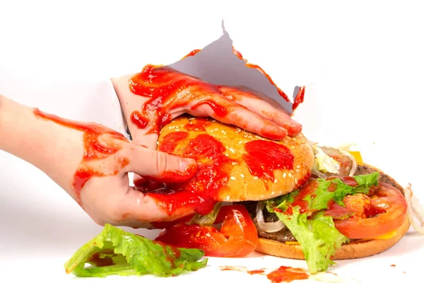 Hamburger Holding Ketchup Smeared Hand White Background Creative Hamburger — Foto de Stock