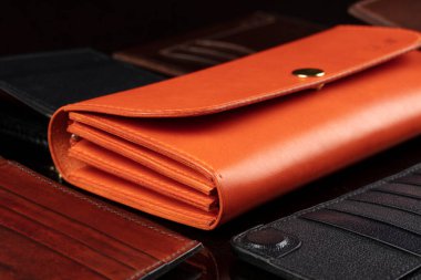 Leather goods purse and wallet close-up.