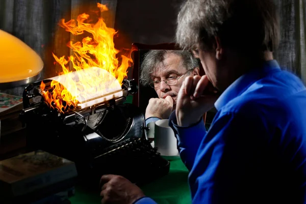 The author writes a book on fire on a printing press. Concept idea for writing a book, writing work, difficulties in writing text.