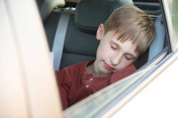 The child sleeps in the car. The little boy was tired and fell asleep in the car.