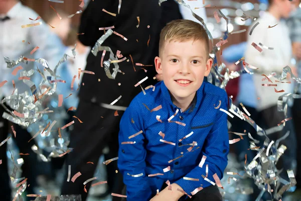 Happy Little Boy Confetti Magic Time Portrait Very Happy Child — Stock Fotó