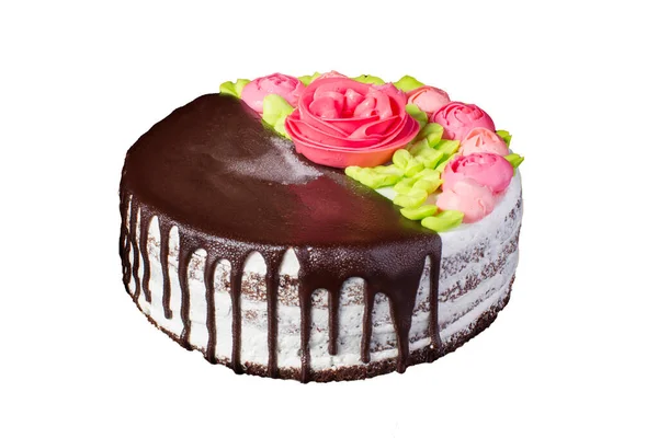 Festive Cake Covered Chocolate Cream Roses White Background Beautiful Sweet — Stock fotografie